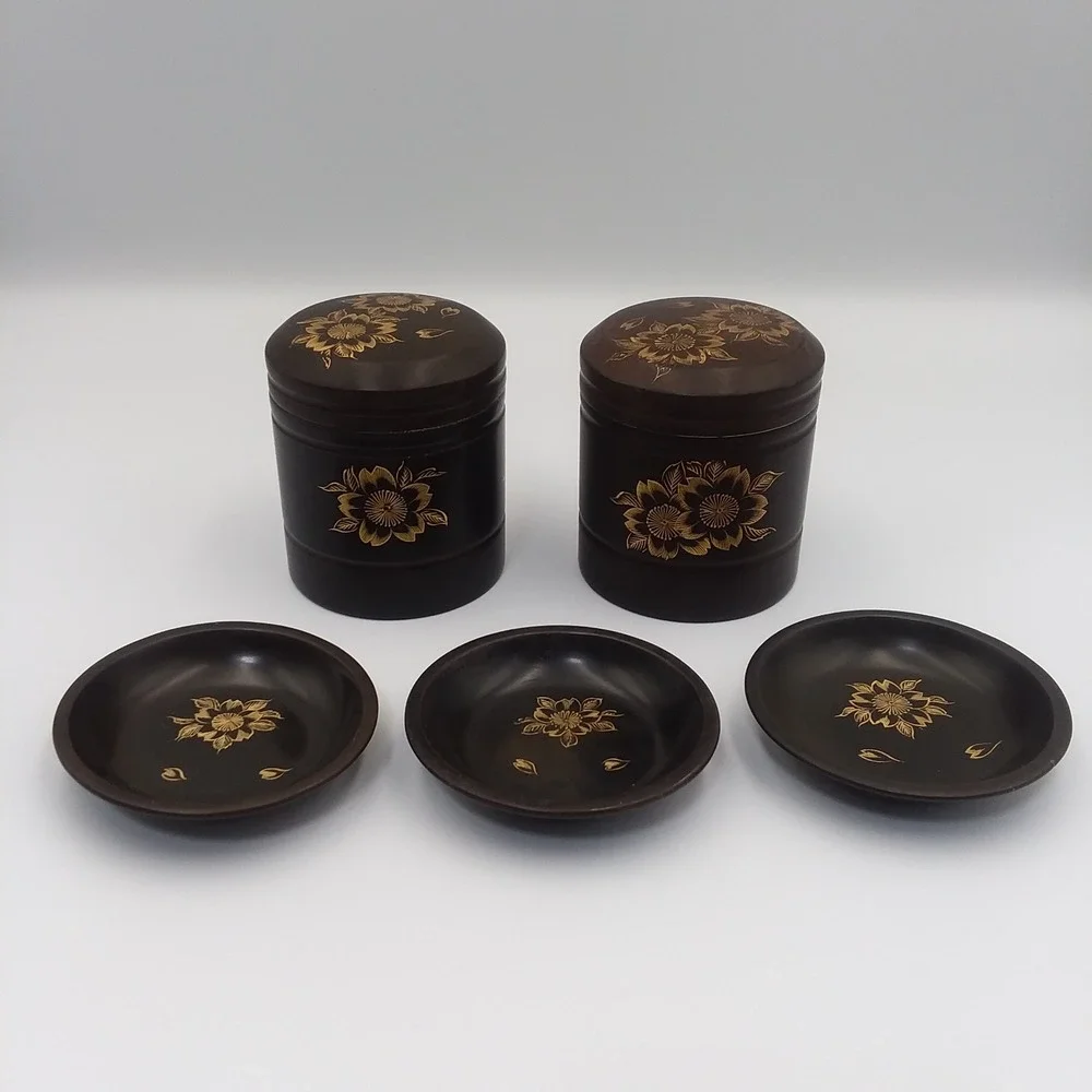 Vintage Maruni Lacquerware Set 2‎ Canisters 3 Bowls Floral Design Occupied Japan